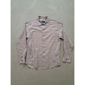 David Donohue Fusion Mens Dress Shirt Button Up Red Grey Floral Pattern 16 M/L